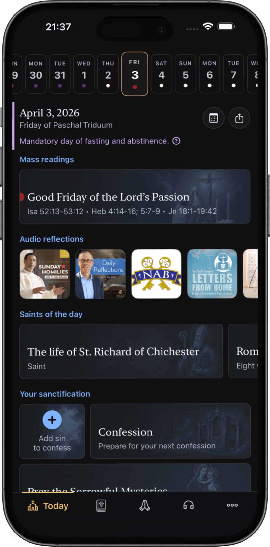 Ambo home screen with the liturgical day, Mass readings, audio reflections, saints, and confession