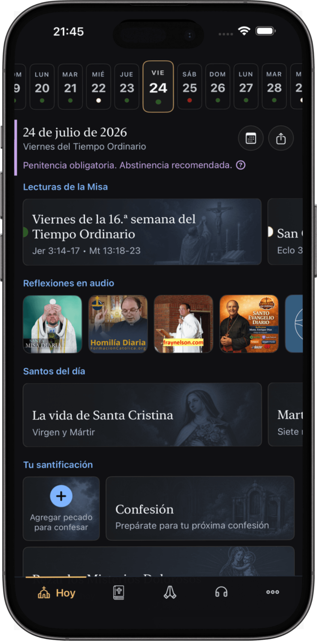 Pantalla de inicio de Ambo con el día litúrgico, lecturas de la Misa, reflexiones en audio, santos y confesión